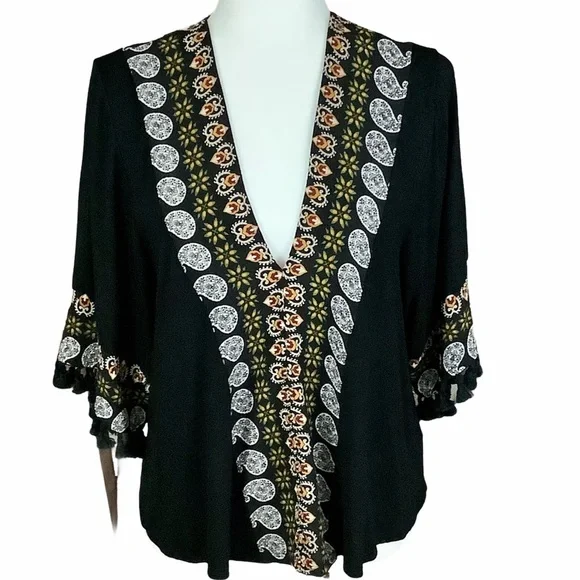 ANTHROPOLOGIE W5 Black/Paisley V-Neck Top SZ-S - Picture 1 of 8